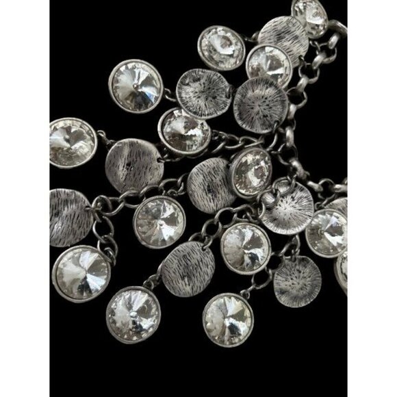 Vintage VCLM Necklace Silver Tone Crystals & Hammered Disks 14" Drop - Picture 3 of 9